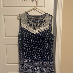 new directions navy blue sleeveless top with floral embroidery